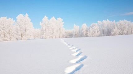 Fototapeta premium Serene Winter Footprints in Snowy Forest Under Clear Sky