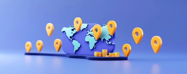 Map with trade routes and policy markers glowing, international economic focus, 3D illustration