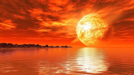 A vibrant sunset over a calm ocean, creating a surreal and tranquil atmosphere.