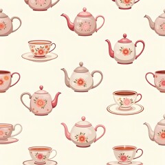 Seamless Pattern Vintage Teacups Teapots with Floral Design Retro Tea Party Background