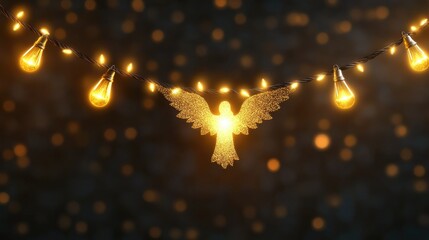 Transparent background featuring a glowing Christmas angel light bulb garland string, rendered as a realistic vector illustration