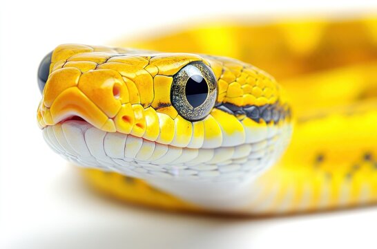 Close-Up of a Vivid Yellow Python Scales Showcasing Intricate Details and Glossy Eyes Against a Clean White Background for Nature Photography
