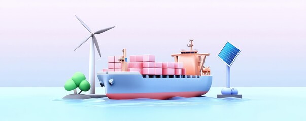 Fototapeta premium Net zero carbon neutral concept. Innovative zero-emission shipping port, renewable energy operations, 3D illustration