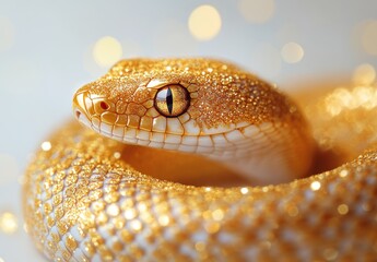 Fototapeta premium Close-Up of an Enigmatic Golden Snake With Sparkling Texture and Captivating Eye Against a Dreamy Soft Focus Background of Glittering Lights