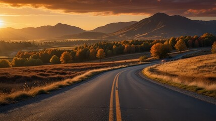 Fototapeta premium sunset,Road in autumn leading through a valley with mountains and a bright sunset