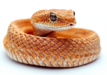 Fototapeta premium Close-Up of an Orange Snake with Intricate Scales and Vivid Eyes, Curled Elegantly on a White Background, Showcasing Its Unique and Beautiful Features