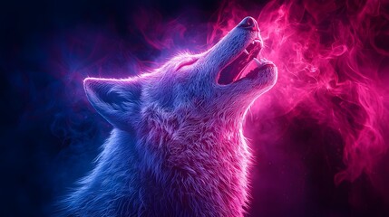 Neon Wolf Howling in Mystical Blue and Purple Aura with Glowing Lines on Dark Background