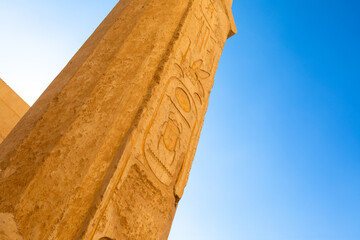 Hieroglyphs and wall paintings in Egypt, Mortuary Temple of Hatshepsut in the Deir el-Bahari...