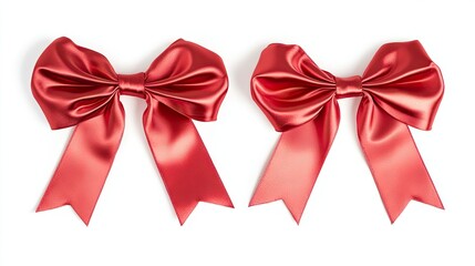 Fototapeta premium Two beautiful red satin ribbons with soft, shiny textures, isolated on white and arranged in an elegant design, captured from a top view.