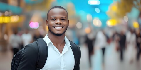 Fototapeta premium Confident and Friendly Young African Business Professional Smiling on Busy City Street Portraying Success Positivity and Charisma in an Urban Corporate Environment