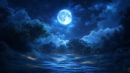 Moonlit path through a forest at night.