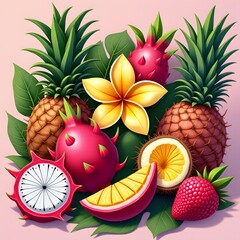Vibrant Tropical Fruit Composition Pineapples Dragon Fruit Plumeria and More