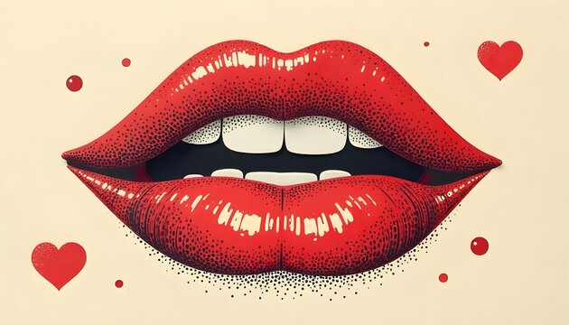 An illustration of dotted vintage modern illustration of halftone male and female lips, cut out of paper with spech bubbles. This is a Y2K collage element