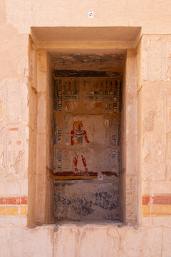 Hieroglyphs and wall paintings in Egypt, Mortuary Temple of Hatshepsut in the Deir el-Bahari necropolis of Thebes, Egypt, Luxor