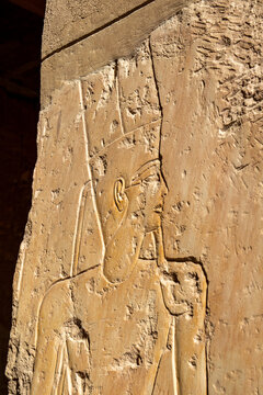 Hieroglyphs and wall paintings in Egypt, Mortuary Temple of Hatshepsut in the Deir el-Bahari necropolis of Thebes, Egypt, Luxor