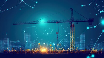 A construction crane against a city skyline with digital elements.