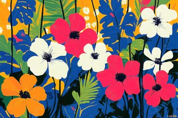 Tropical flowers in white, pink, and orange hues surrounded by lush foliage and bold blue leaves in a vibrant composition.

