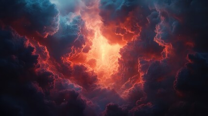 A stunning and vibrant background featuring dark storm clouds in red, orange, and blue hues with an ethereal glow of light breaking through the center, creating an otherworldly atmosphere
