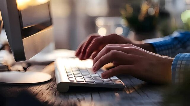 The intricate movements of the man's hands and fingers were captured in macro detail as he typed on the keyboard, emphasizing modern concepts of computer programming and online messaging.