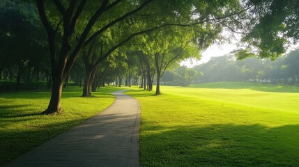 Obraz premium Serene Pathway Through Lush Green Trees in Morning Light