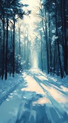 Naklejka premium Soft blurred bokeh lights twinkling gently above a quiet forest road covered in snow evoking a tranquil seasonal holiday ambiance