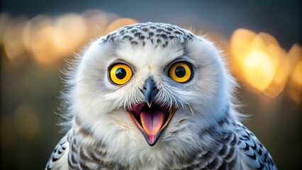 Fototapeta premium Astonished Snowy Owl Chick: Wide-Eyed Baby Owl in Snowy Habitat