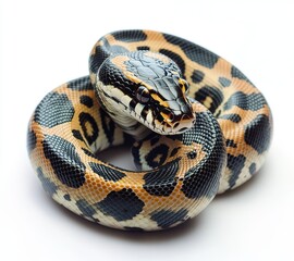 Fototapeta premium Close-up View of a Beautifully Patterned Snake Curled Up on a Light Background Capturing the Intricacies of Its Scales and Unique Markings for Nature Lovers and Wildlife Enthusiasts