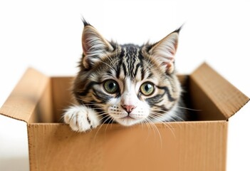 Tabby cat peeking out from inside a cardboard box isolated on white background