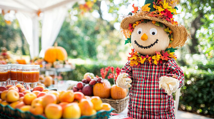 The image features a festive outdoor setting with a whimsical scarecrow wearing a plaid shirt, gloves, and a straw hat adorned with colorful autumn leaves