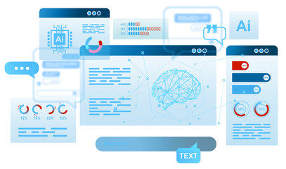 Illustration of a digital interface featuring AI, charts, and neural network elements, designed on a clean white background, concept of technology and analytics