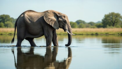 Fototapeta premium African elephant drinking water from a calm lake with its reflection visible in the still water