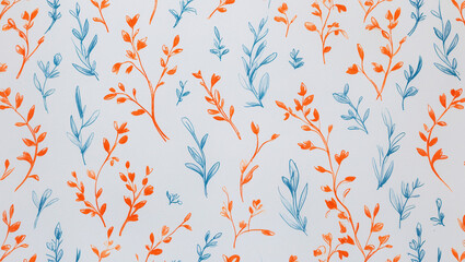 Seamless pattern featuring delicate orange and blue floral branches on a white background