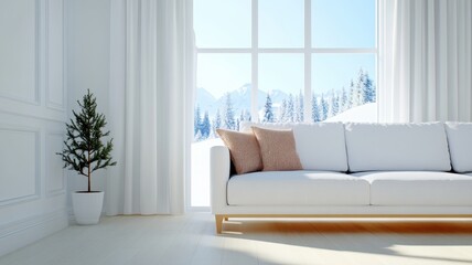 A 3D rendered Scandinavian interior design featuring minimalist furniture and natural light for a cozy atmosphere.