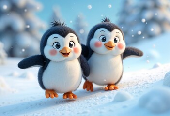 Fototapeta premium Cute penguins expressive faces sliding down a snowy hill surrounded by playful snowflakes