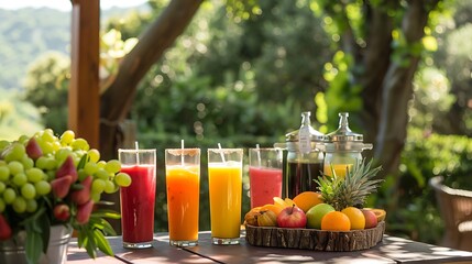 A delightful selection of fruit smoothies and light summertime beverages on an outdoor oak terrace