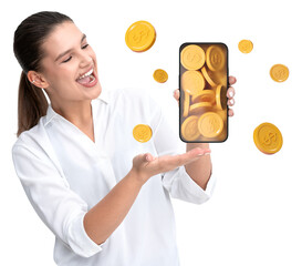 Smiling woman holding a smartphone projecting golden coins, surrounded by floating coins, on a...