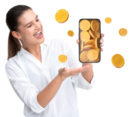 Smiling woman holding a smartphone projecting golden coins, surrounded by floating coins, on a white background. Concept of digital finance success