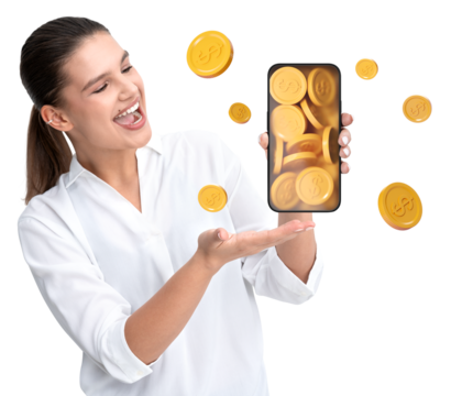 Smiling woman holding a smartphone projecting golden coins, surrounded by floating coins, on a white background. Concept of digital finance success