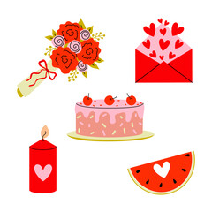 Colorful elements of a celebration featuring flowers, cake, candle, and hearts