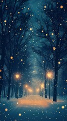 Fototapeta premium Soft blurred bokeh lights twinkling gently above a quiet forest road covered in snow evoking a tranquil seasonal holiday ambiance