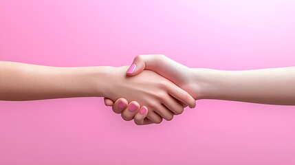 Hands in handshake against pink background. Possible use Business deal illustration.