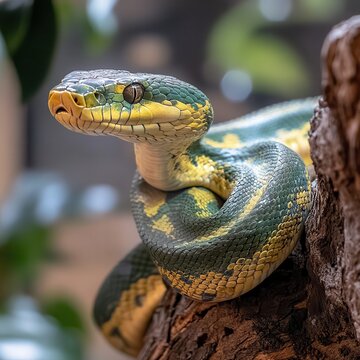 Close-Up View of a Green and Yellow Python Coiling on a Tree Branch in Natural Habitat with Lush Background and Soft Lighting Enhancing Detail and Texture