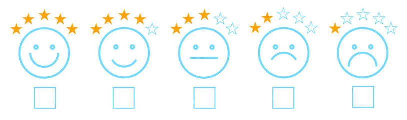 Set of customer feedback icons showing various satisfaction levels with stars and emotive faces, designed as clean blue outlines on white background