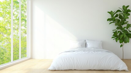 Fototapeta premium Serene minimalist bedroom design showcasing a tranquil bed and calming atmosphere for restful sleep.