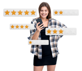 Woman holding a phone, surrounded by floating star ratings on a white background. Concept of online reviews, customer satisfaction, and feedback