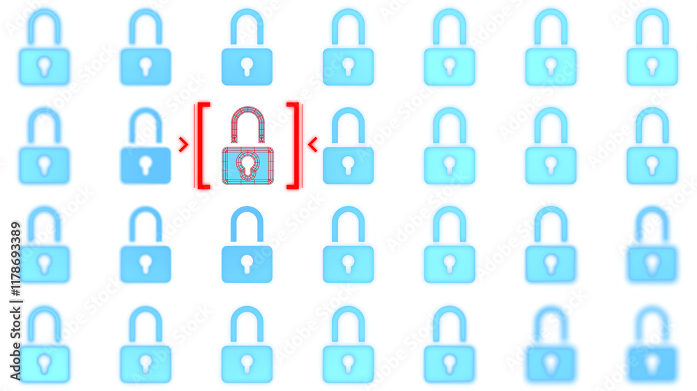 Poster multiple blue padlocks arranged on a white background with one highlighted red padlock, focusing on 
