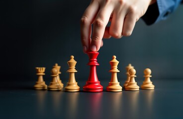 Leadership strategically positions red chess queen amongst light-colored pieces. Visual represents business strategy focused on customer-centric innovation. Leadership team carefully plans approach