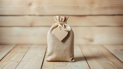 Fototapeta premium A single burlap drawstring gift bag with a heart-shaped tag set on a wooden surface background, suggesting themes of eco-friendliness, simplicity, gifting, natural materials