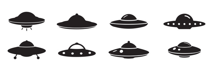 Collection of Simple Black UFO Silhouette vector on white background 
