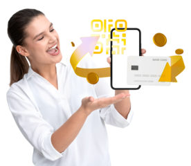 Woman showing smartphone and credit card with a golden arrow and coins. White backdrop, concept of online shopping or mobile banking